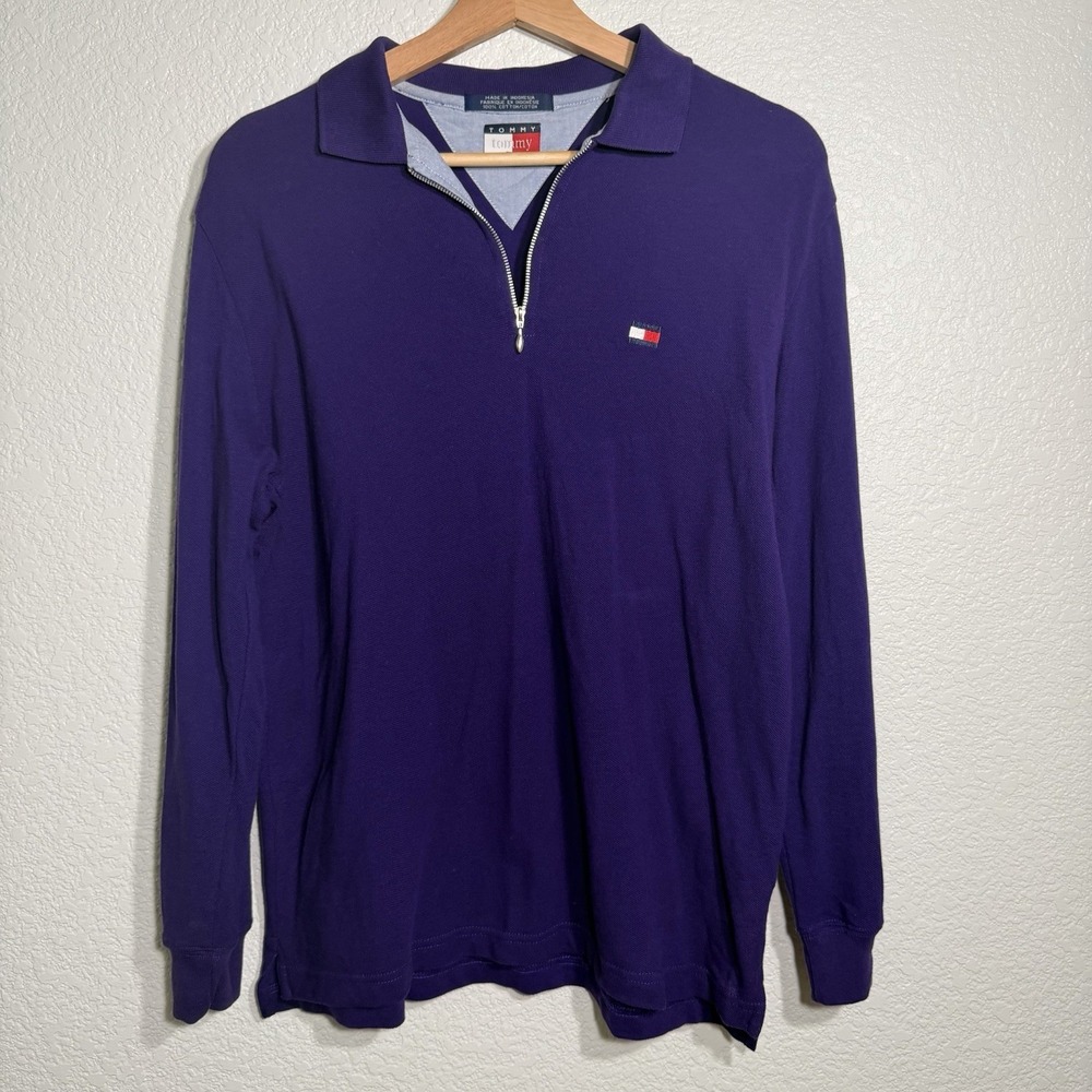 Vintage Tommy Hilfiger Quarter Zip Polo Shirt Purple Flag Logo 90s Men's M